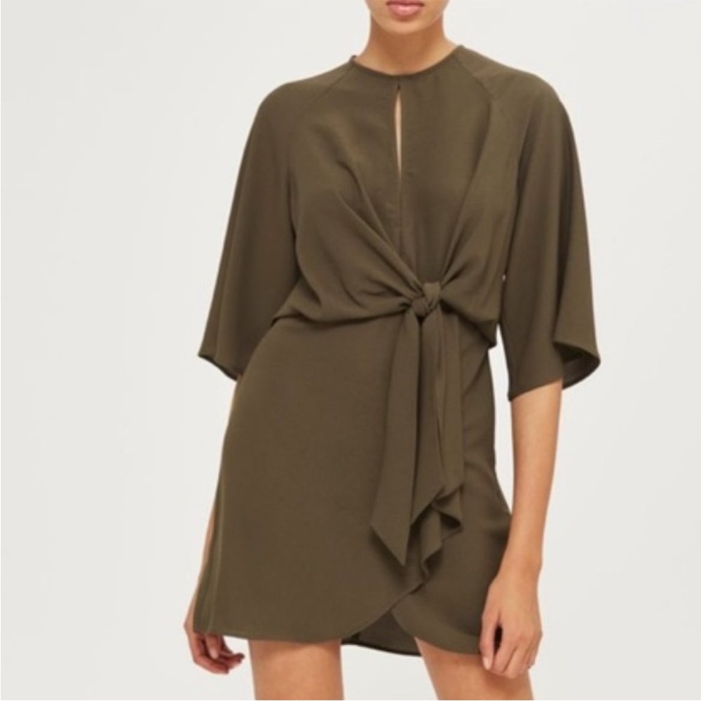 TOPSHOP Olive Green Draped Tie Peekaboo Front Mini Dress